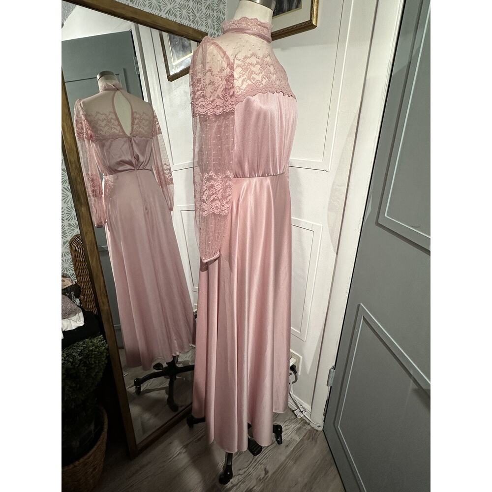 Vintage Women’s JCPenney Fashions Pink Gown Dress Sheer Lace Arms - Picture 6 of 7